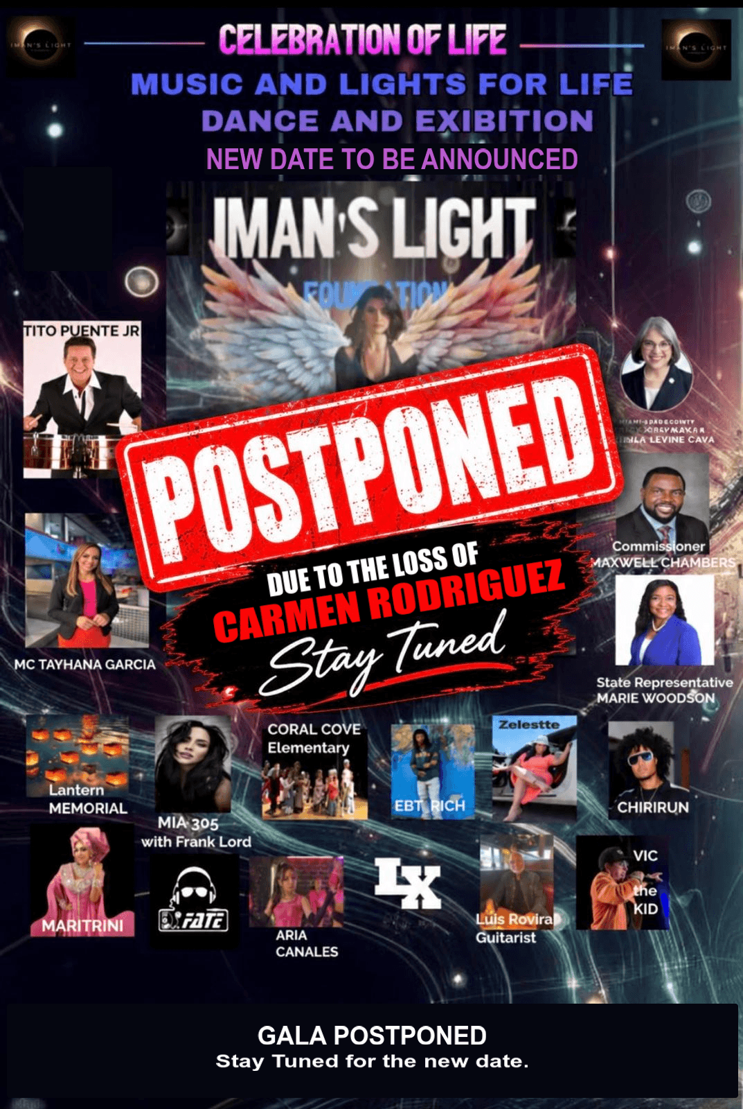 Gala poster postponed due to the loss of Carmen Rodriguez; new date to be announced, purchase QR removed